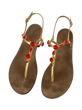 Michele Lopriore jeweled gold sandals flat Italian leather sz 41 made in Italy